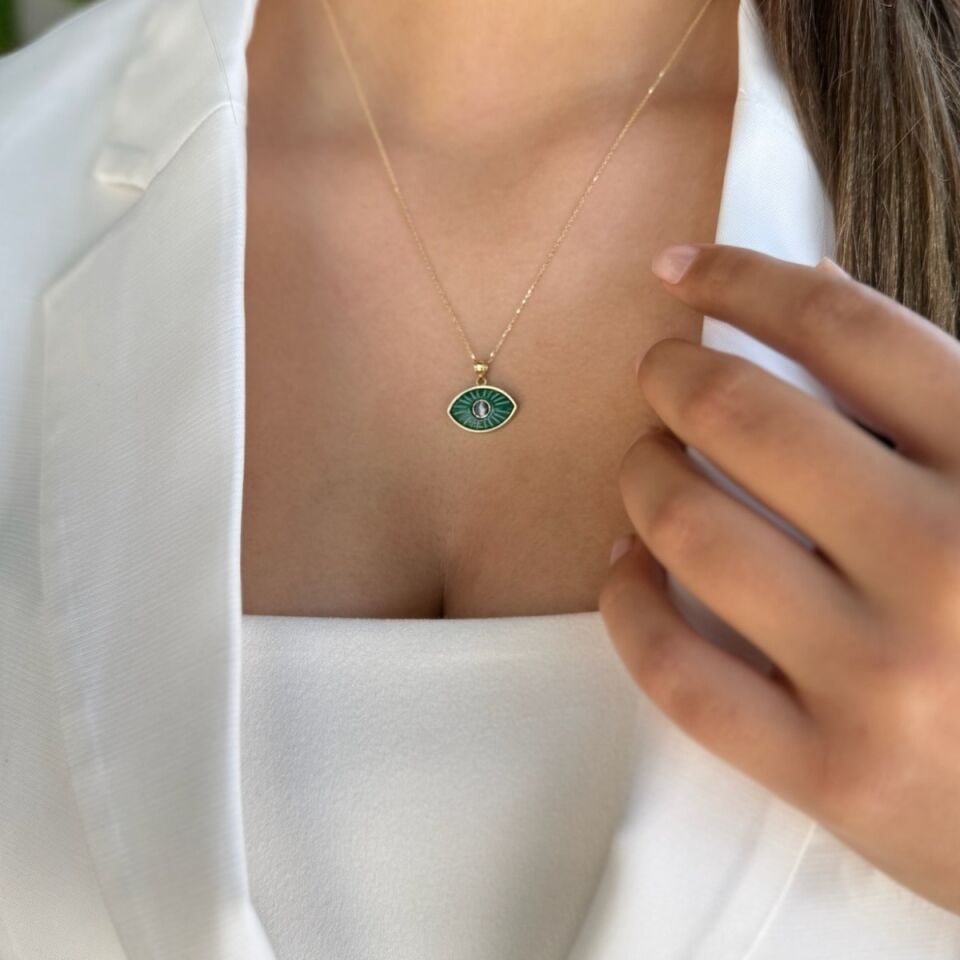 14 AYAR ÖZEL TASARIM YEŞİL VE KIRMIZI TAŞLI ALTIN GÖZ KOLYE