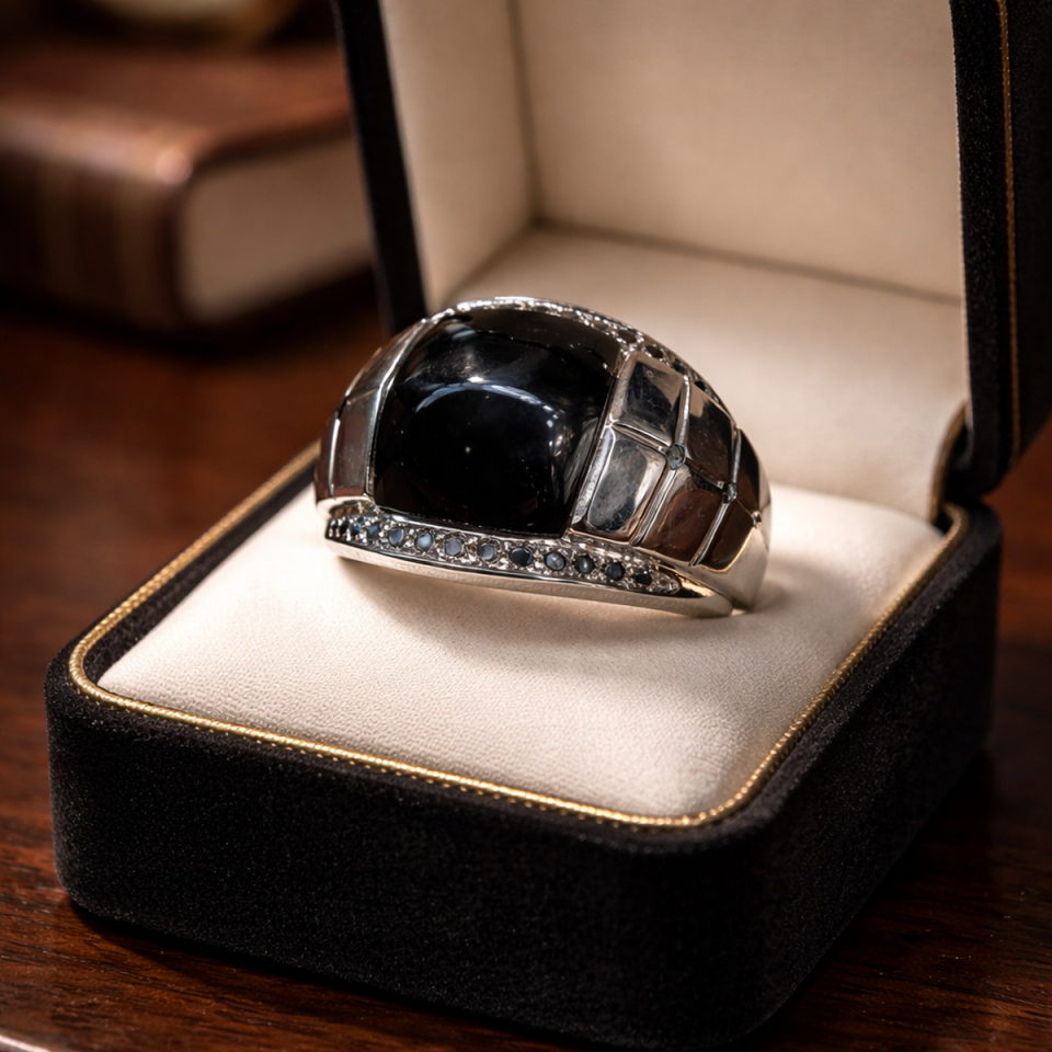 18 AYAR İTALYAN MODEL SİYAH ONİKS TAŞLI  VE SİYAH PIRLANTA TAŞLI BEYAZ ALTIN YÜZÜK