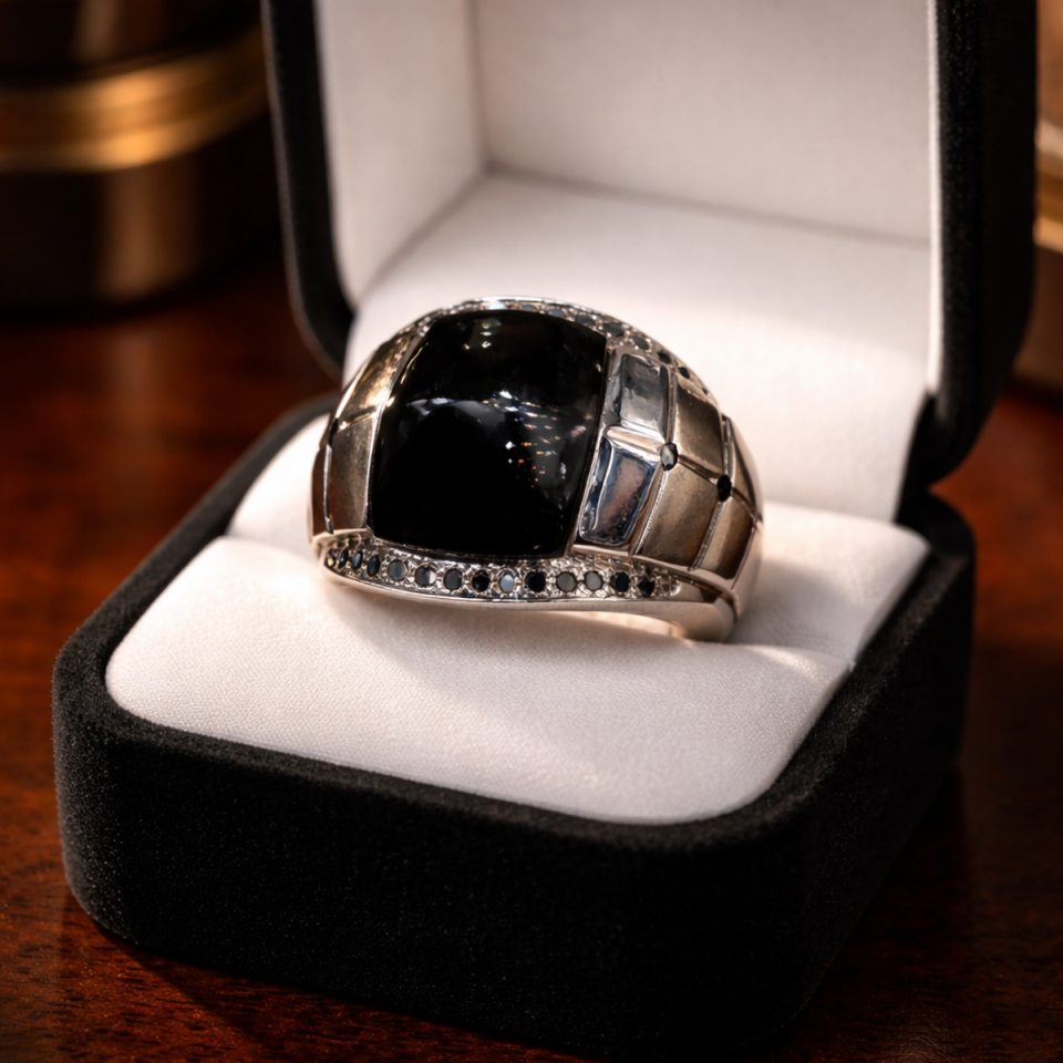 18 AYAR İTALYAN MODEL SİYAH ONİKS TAŞLI  VE SİYAH PIRLANTA TAŞLI BEYAZ ALTIN YÜZÜK