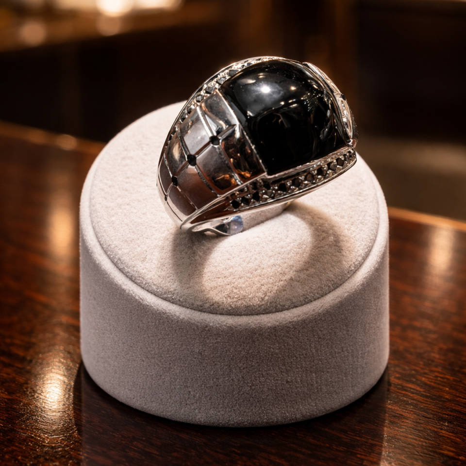 18 AYAR İTALYAN MODEL SİYAH ONİKS TAŞLI  VE SİYAH PIRLANTA TAŞLI BEYAZ ALTIN YÜZÜK