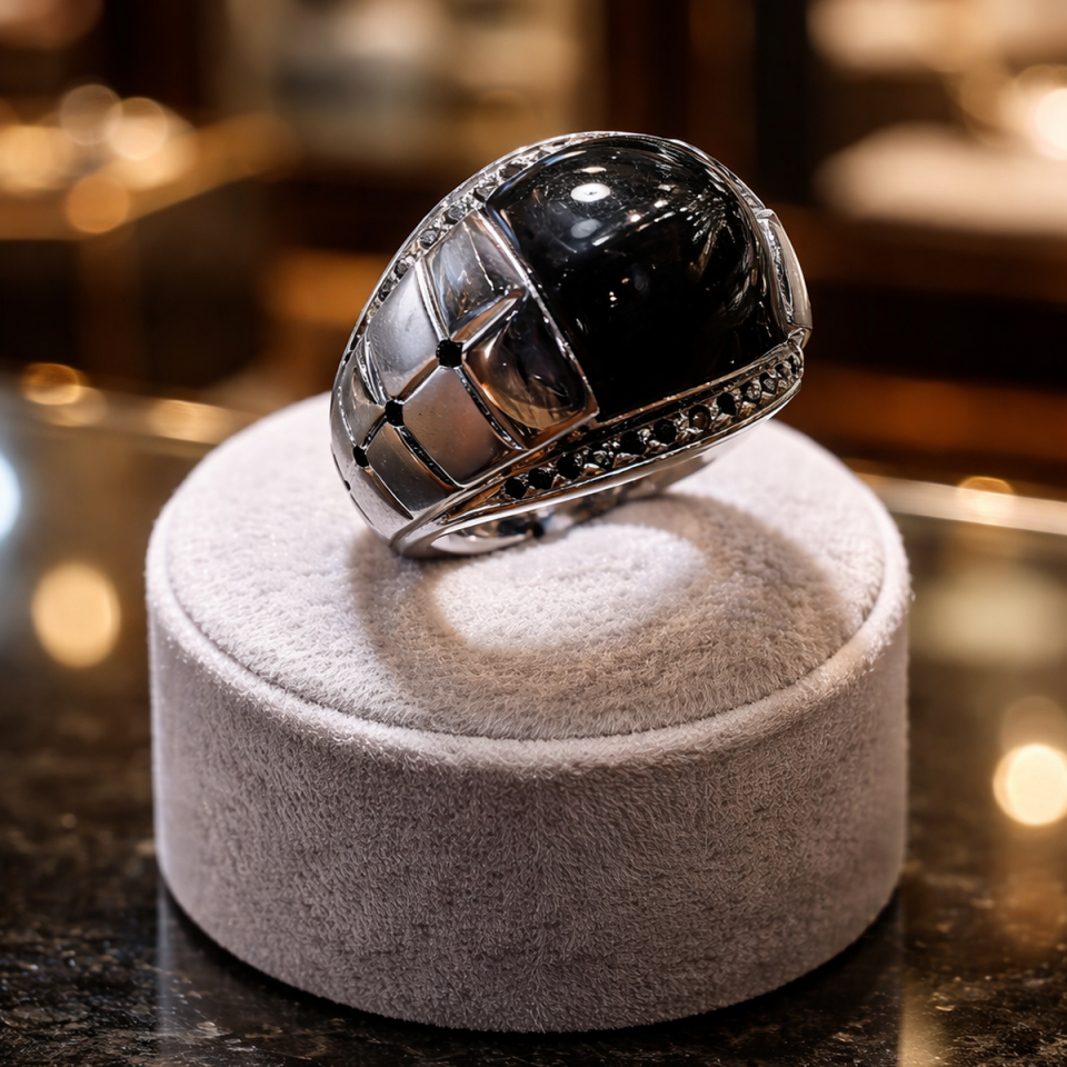 18 AYAR İTALYAN MODEL SİYAH ONİKS TAŞLI  VE SİYAH PIRLANTA TAŞLI BEYAZ ALTIN YÜZÜK