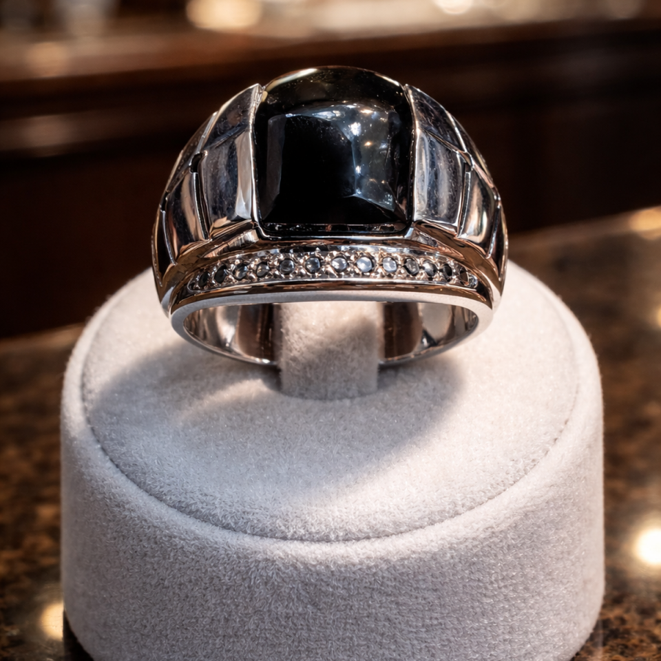 18 AYAR İTALYAN MODEL SİYAH ONİKS TAŞLI  VE SİYAH PIRLANTA TAŞLI BEYAZ ALTIN YÜZÜK