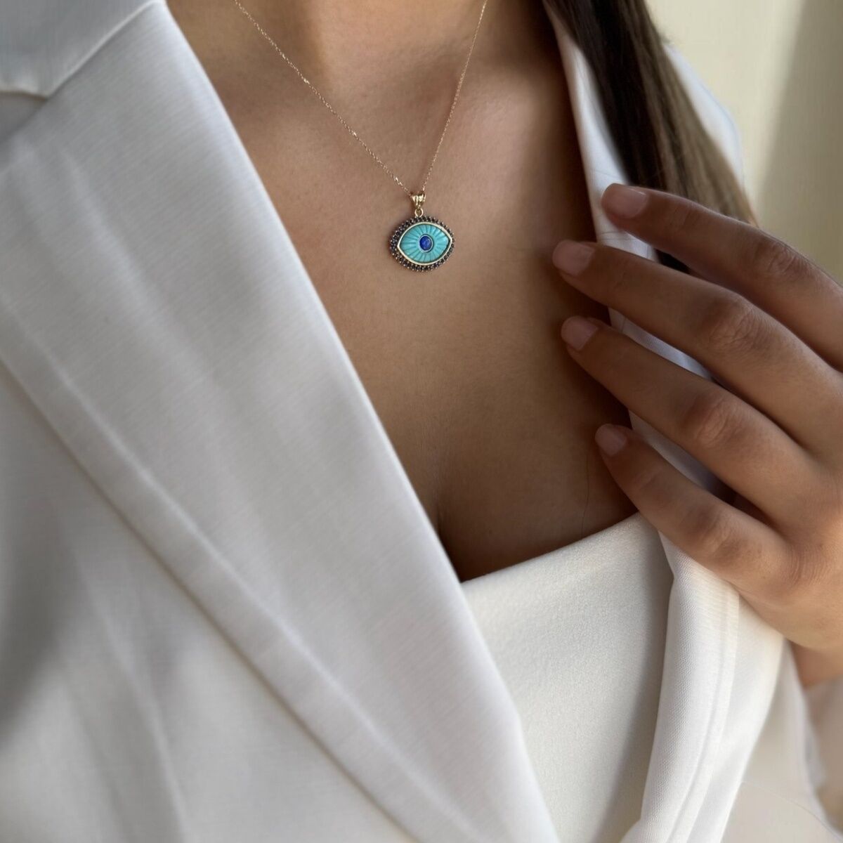 14 AYAR TURKUAZ TAŞLI ÖZEL ÜRETİM ALTIN GÖZ KOLYE