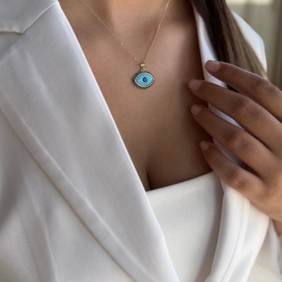 14 AYAR TURKUAZ TAŞLI ÖZEL ÜRETİM ALTIN GÖZ KOLYE