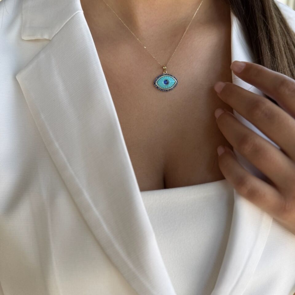 14 AYAR TURKUAZ TAŞLI ÖZEL ÜRETİM ALTIN GÖZ KOLYE