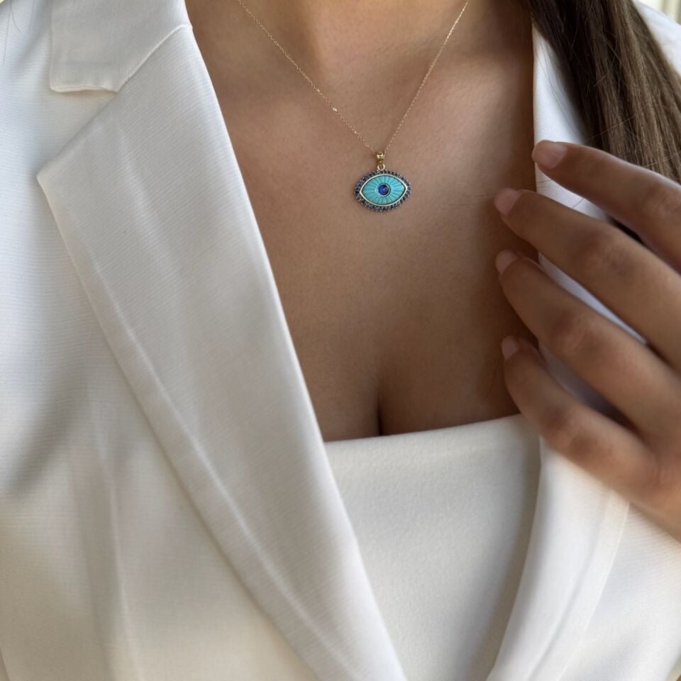 14 AYAR TURKUAZ TAŞLI ÖZEL ÜRETİM ALTIN GÖZ KOLYE