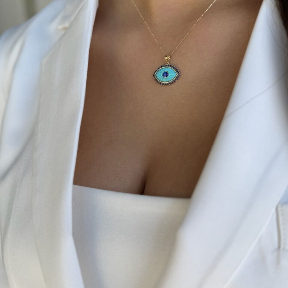 14 AYAR TURKUAZ TAŞLI ÖZEL ÜRETİM ALTIN GÖZ KOLYE