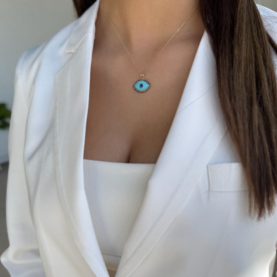 14 AYAR TURKUAZ TAŞLI ÖZEL ÜRETİM ALTIN GÖZ KOLYE