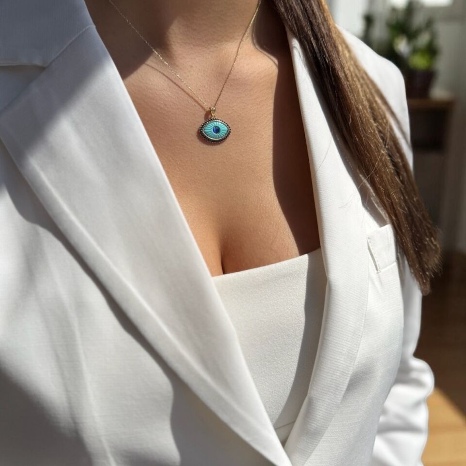 14 AYAR TURKUAZ TAŞLI ÖZEL ÜRETİM ALTIN GÖZ KOLYE