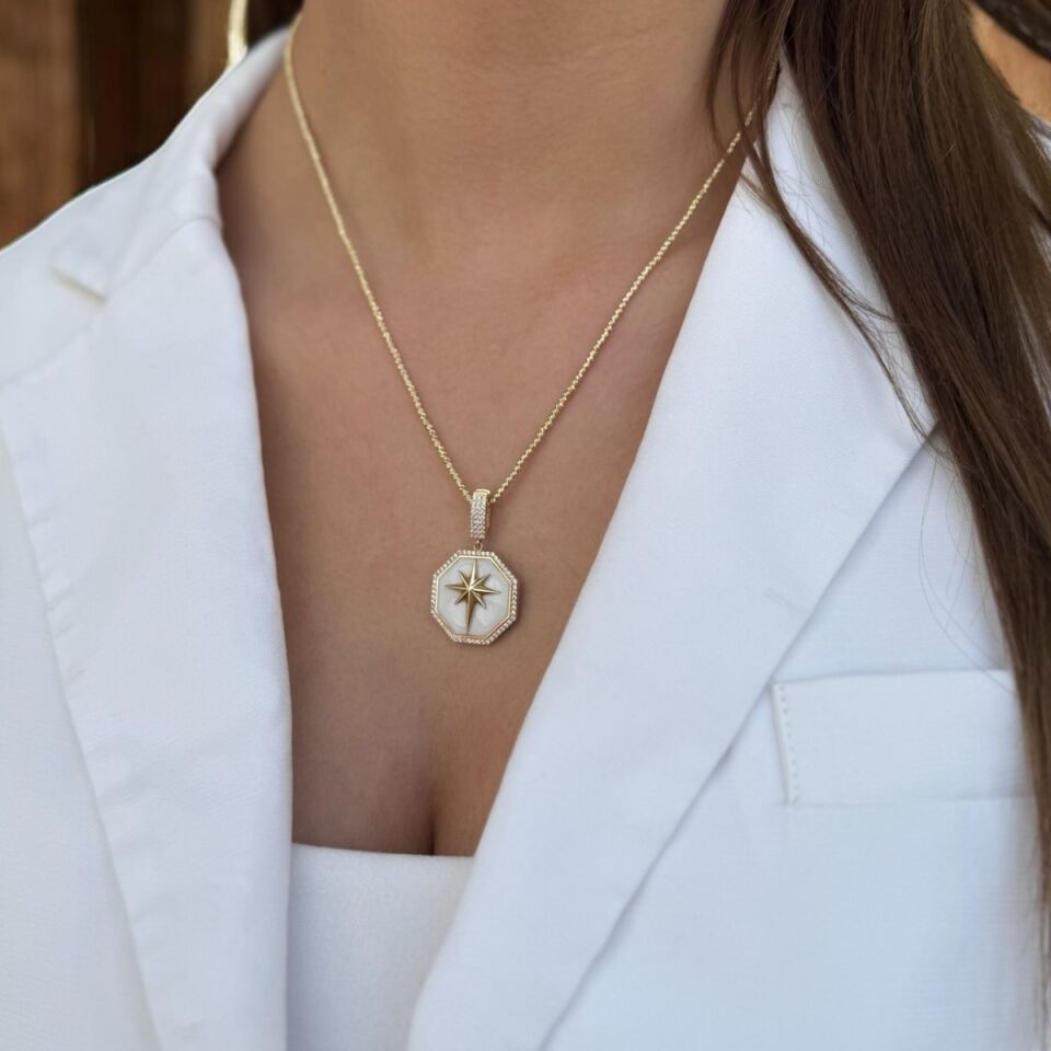 14 AYAR DORİKA TOPLU ZİNCİRLİ SEKİZGEN BEYAZ SEDEFLİ KUTUPYILDIZI ALTIN KOLYE