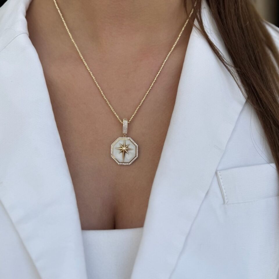 14 AYAR DORİKA TOPLU ZİNCİRLİ SEKİZGEN BEYAZ SEDEFLİ KUTUPYILDIZI ALTIN KOLYE