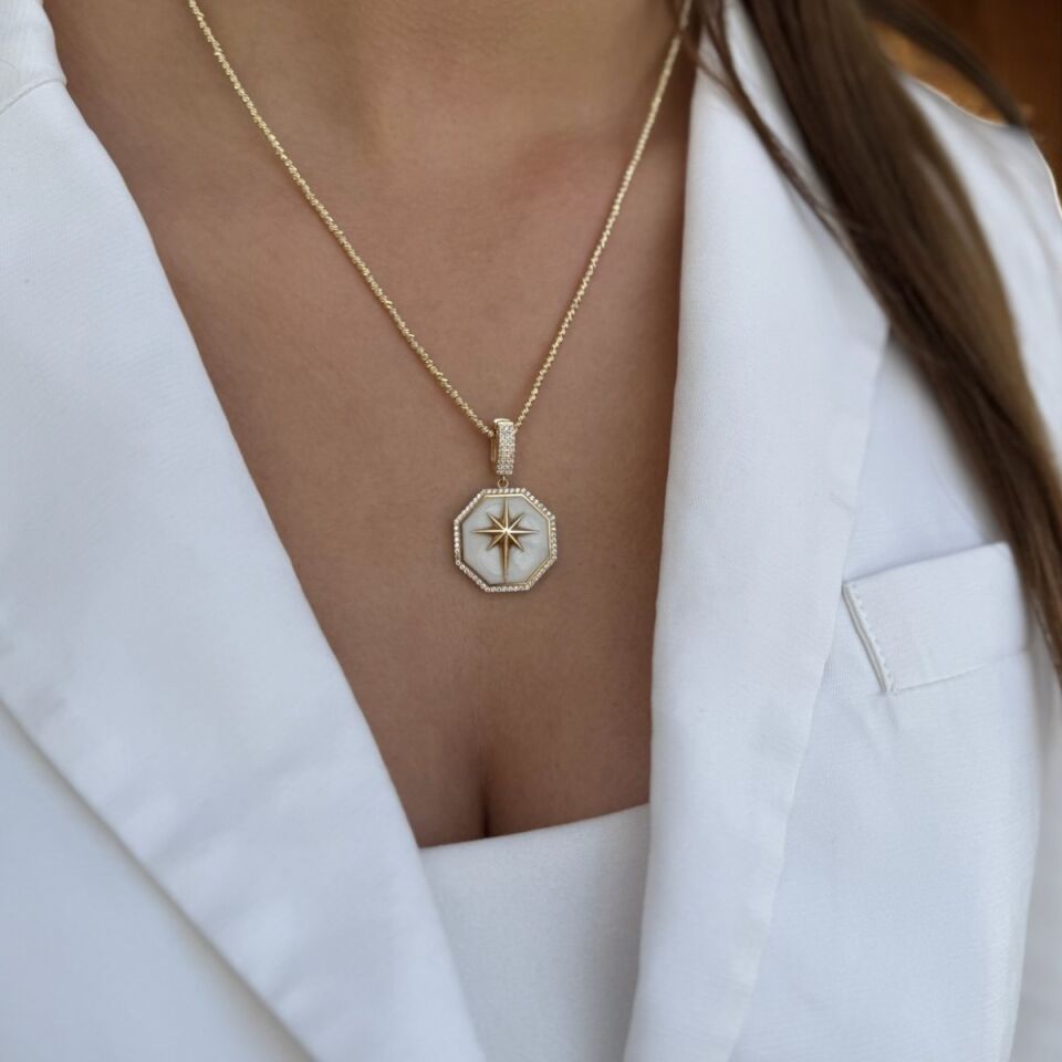 14 AYAR DORİKA TOPLU ZİNCİRLİ SEKİZGEN BEYAZ SEDEFLİ KUTUPYILDIZI ALTIN KOLYE