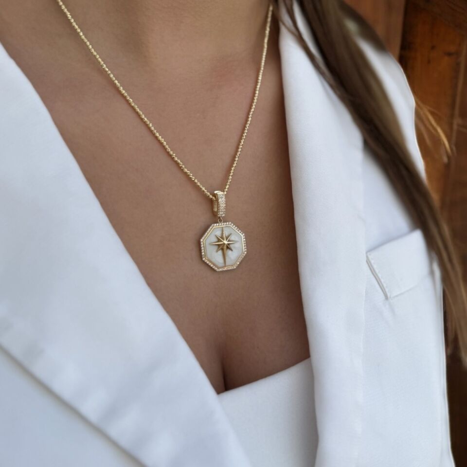 14 AYAR DORİKA TOPLU ZİNCİRLİ SEKİZGEN BEYAZ SEDEFLİ KUTUPYILDIZI ALTIN KOLYE