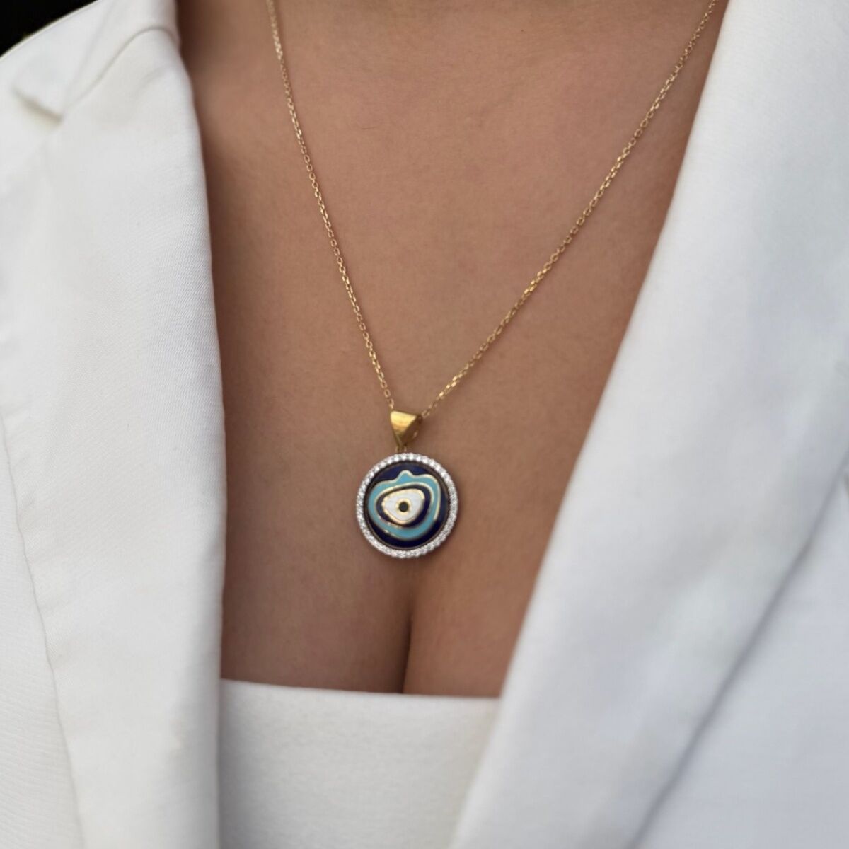 14 Ayar Nazar Göz Mineli Altın Kolye