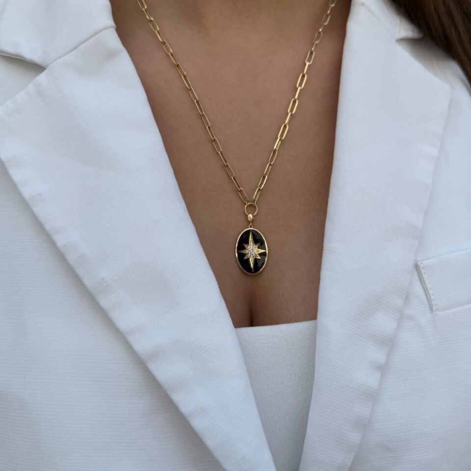 14 AYAR SİYAH MİNELİ KUTUPYILDIZI ATAÇ ZİNCİRLİ ALTIN KOLYE