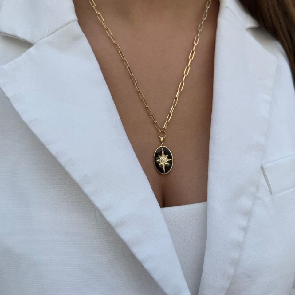 14 AYAR SİYAH MİNELİ KUTUPYILDIZI ATAÇ ZİNCİRLİ ALTIN KOLYE