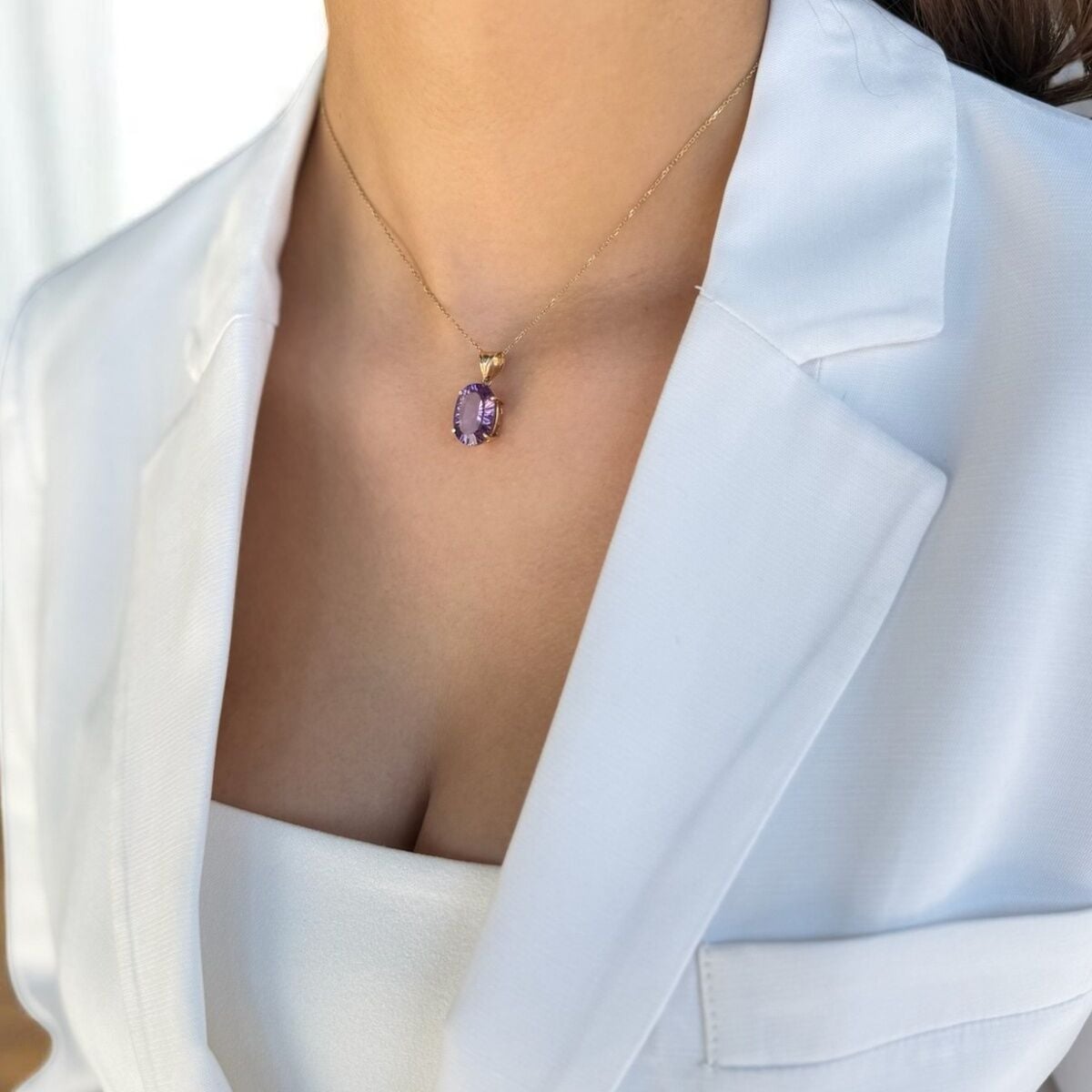 14 Ayar Ametist Taşlı Altın Kolye
