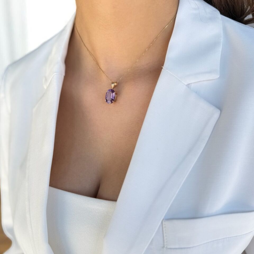 14 Ayar Ametist Taşlı Altın Kolye