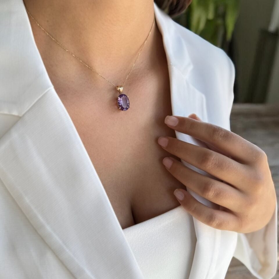 14 Ayar Ametist Taşlı Altın Kolye