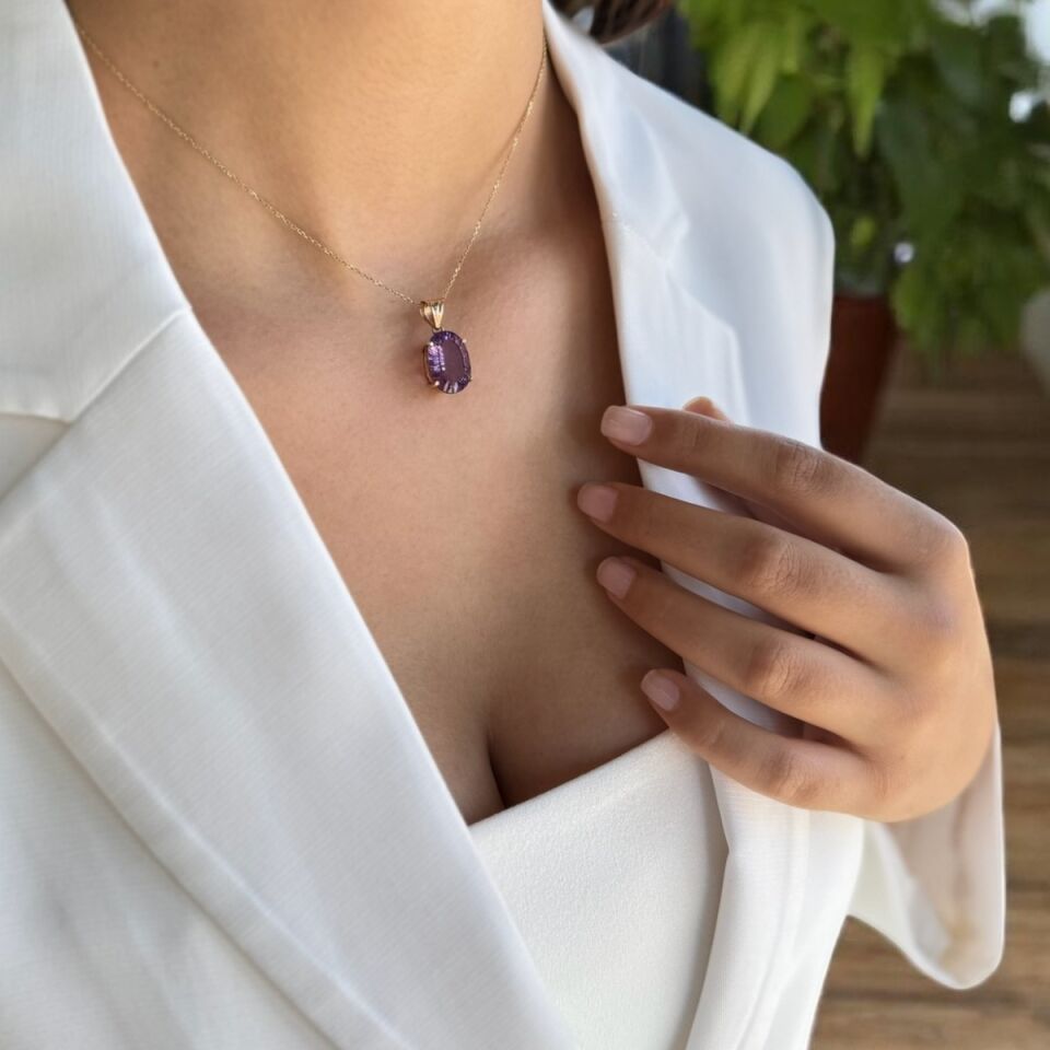 14 Ayar Ametist Taşlı Altın Kolye