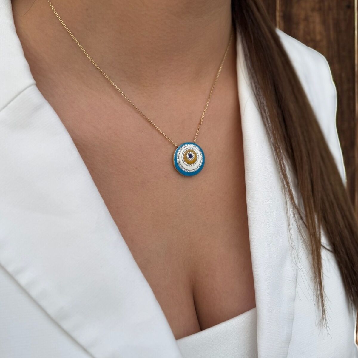 14 Ayar Nazar Göz Mineli Altın Kolye