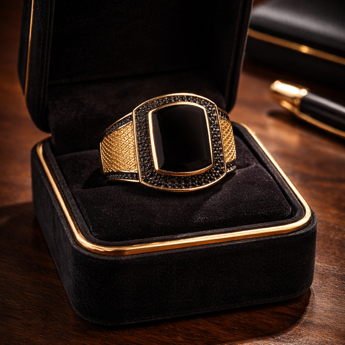 14 AYAR SİYAH TAŞLI ÖZEL TASARIM İTALYAN ERKEK YÜZÜK