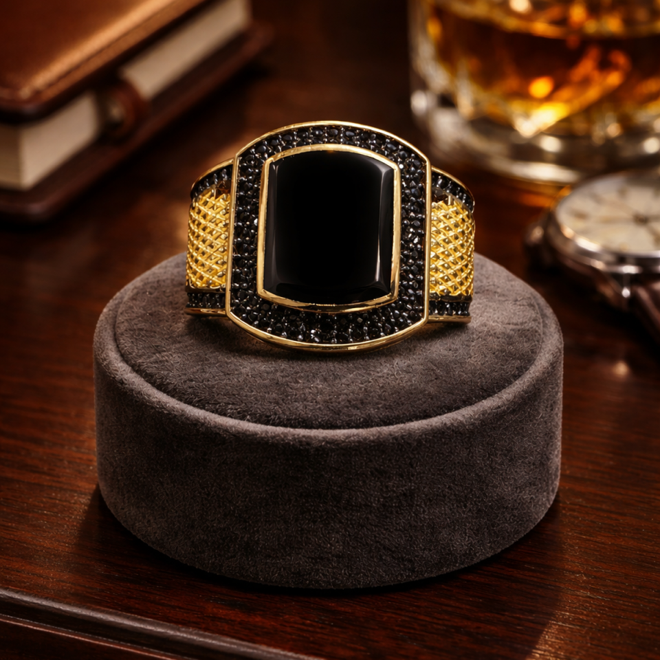 14 AYAR SİYAH TAŞLI ÖZEL TASARIM İTALYAN ERKEK YÜZÜK