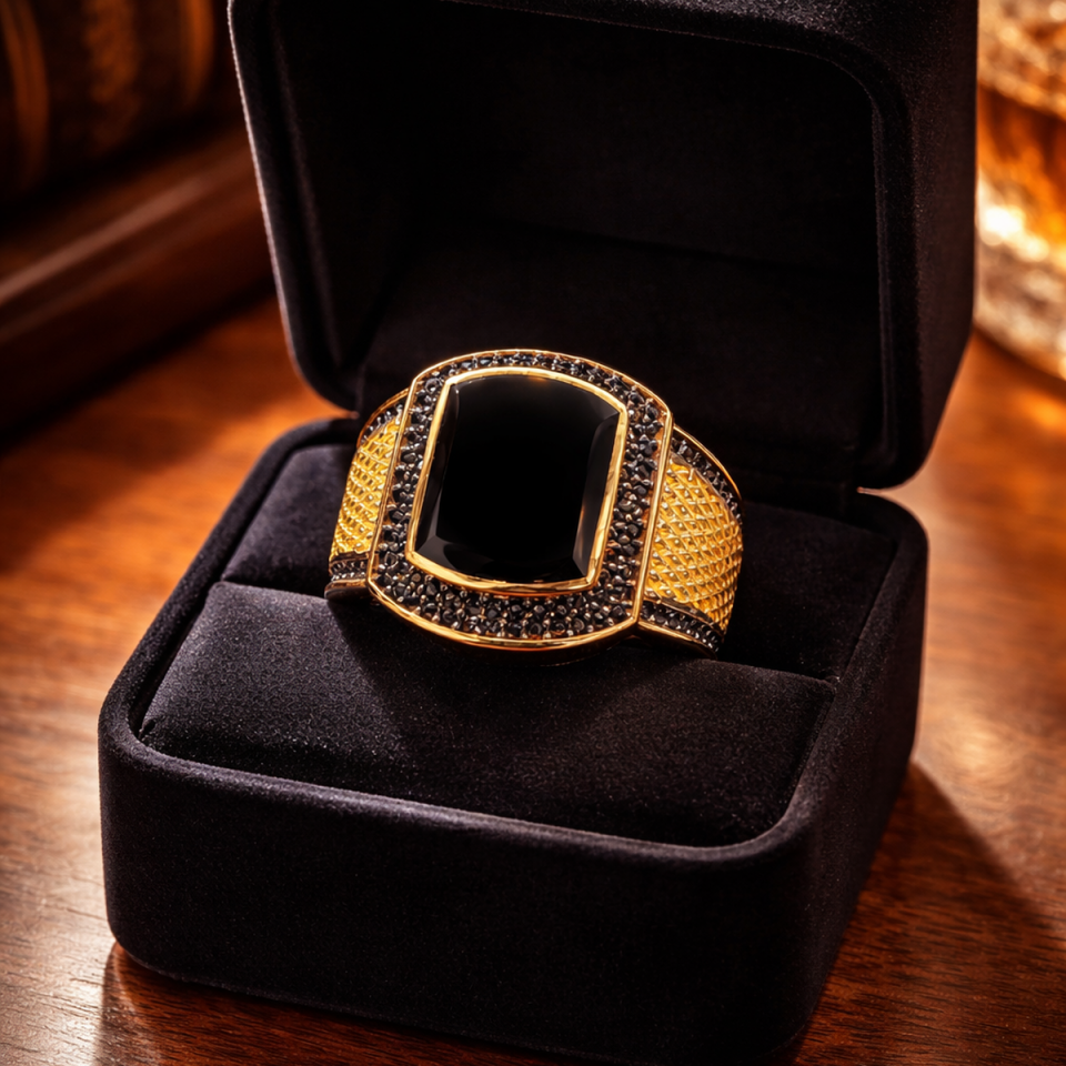 14 AYAR SİYAH TAŞLI ÖZEL TASARIM İTALYAN ERKEK YÜZÜK