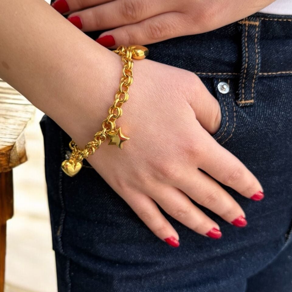 22 AYAR ÖZEL TASARIM BOMBE KALP VE YILDIZ SALLANTILI ALTIN BİLEKLİK