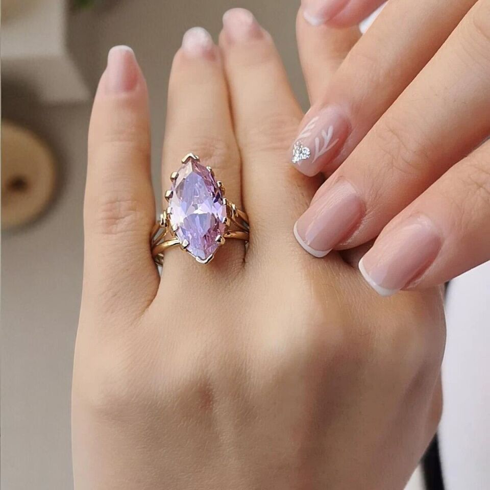 14 AYAR MARKİZ KRİSTAL PİNK KUVARS TAŞLI ALTIN YÜZÜK