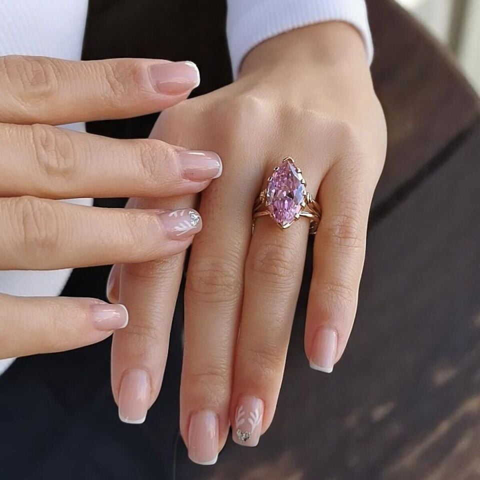 14 AYAR MARKİZ KRİSTAL PİNK KUVARS TAŞLI ALTIN YÜZÜK