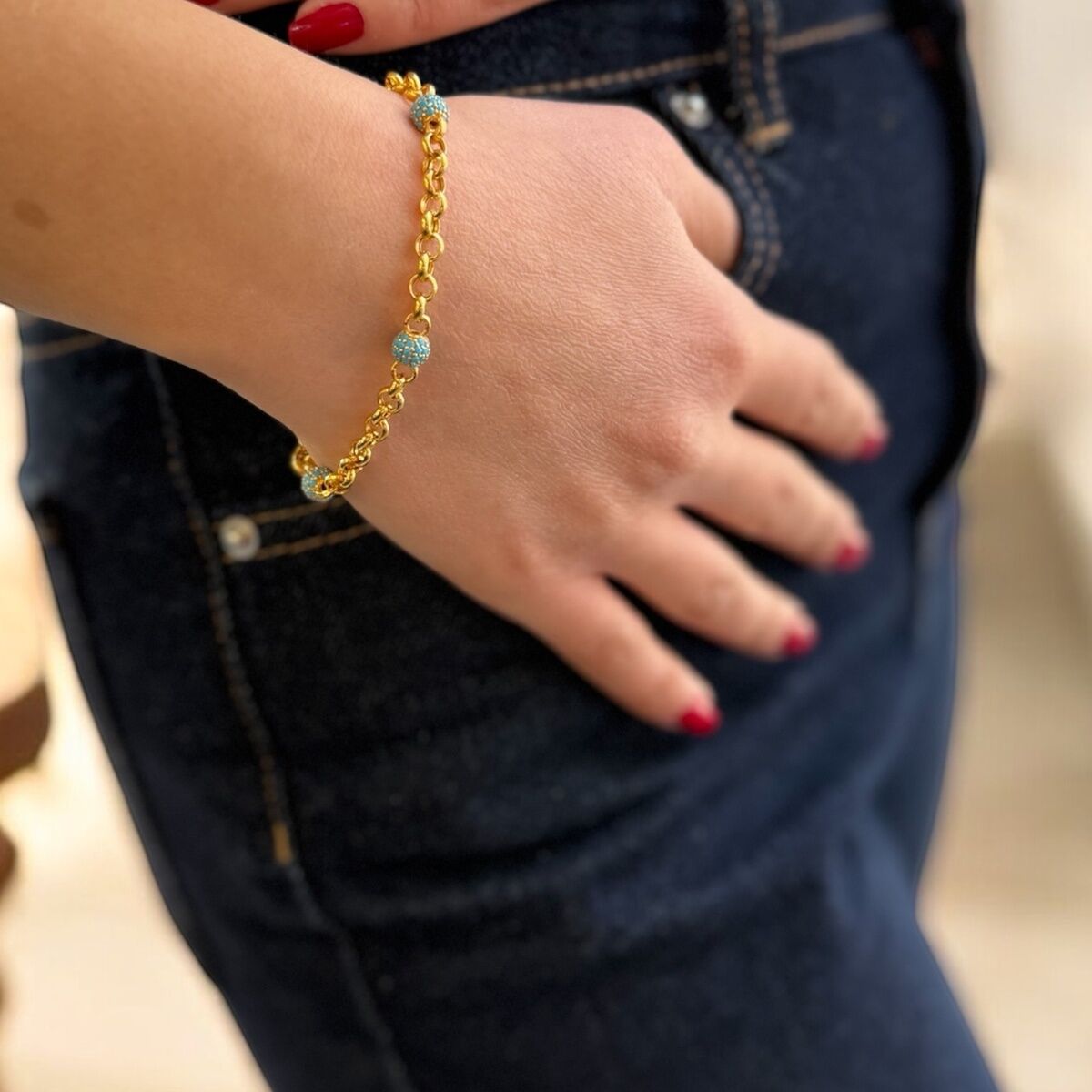 22 AYAR FİRUZE TAŞLI DOC ZİNCİRLİ BİLEKLİK