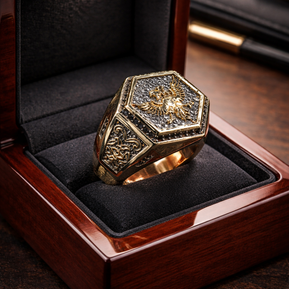 14 AYAR ÖZEL TASARIM İTALYAN ÇİFT BAŞLI KARTAL ERKEK YÜZÜK