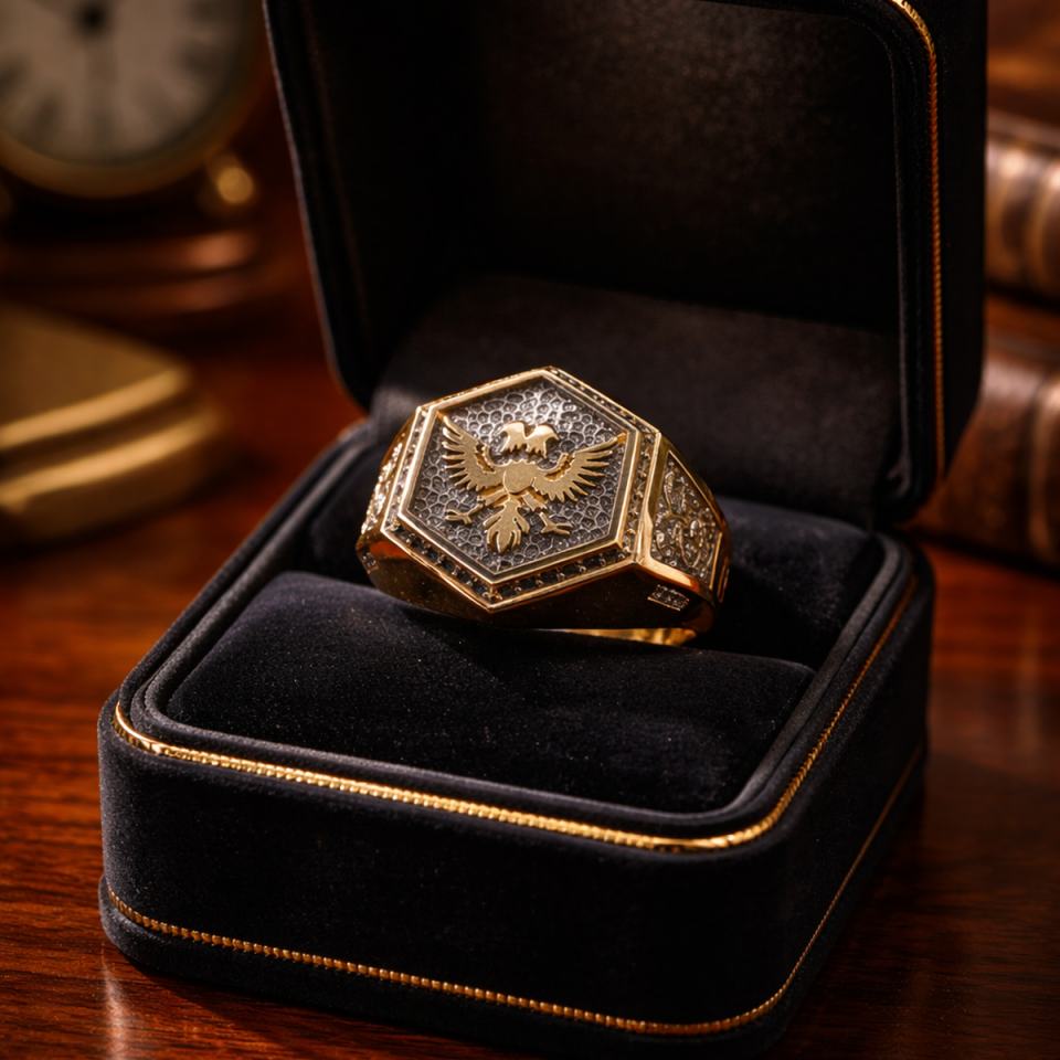 14 AYAR ÖZEL TASARIM İTALYAN ÇİFT BAŞLI KARTAL ERKEK YÜZÜK