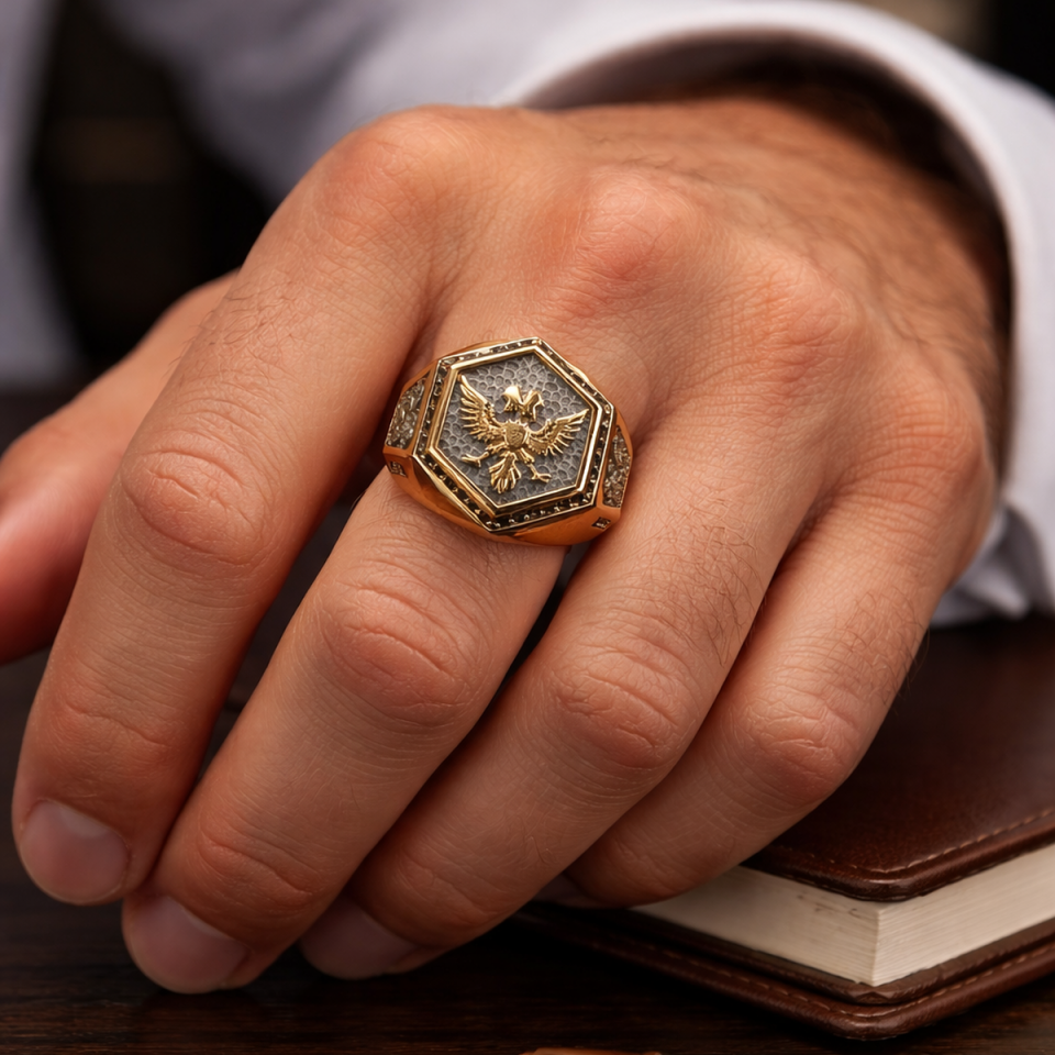 14 AYAR ÖZEL TASARIM İTALYAN ÇİFT BAŞLI KARTAL ERKEK YÜZÜK