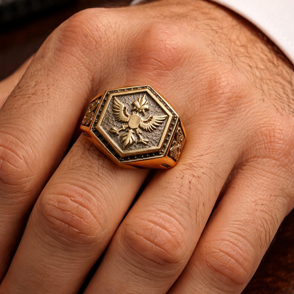 14 AYAR ÖZEL TASARIM İTALYAN ÇİFT BAŞLI KARTAL ERKEK YÜZÜK
