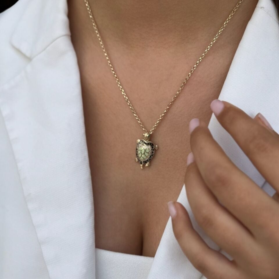 14 AYAR FOSFORLU MİNELİ KAPLUMBAĞA UÇLU ALTIN KOLYE