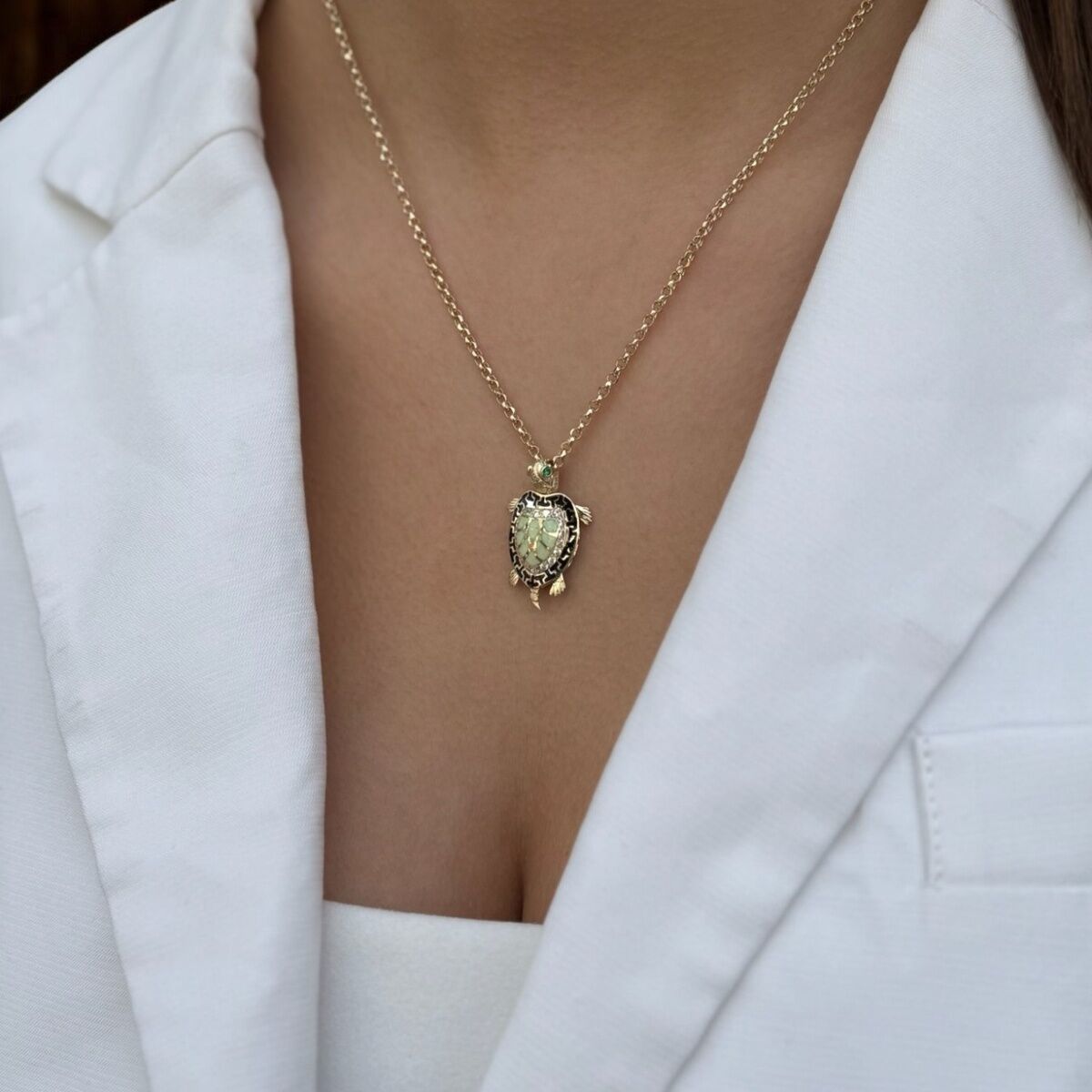 14 AYAR FOSFORLU MİNELİ KAPLUMBAĞA UÇLU ALTIN KOLYE