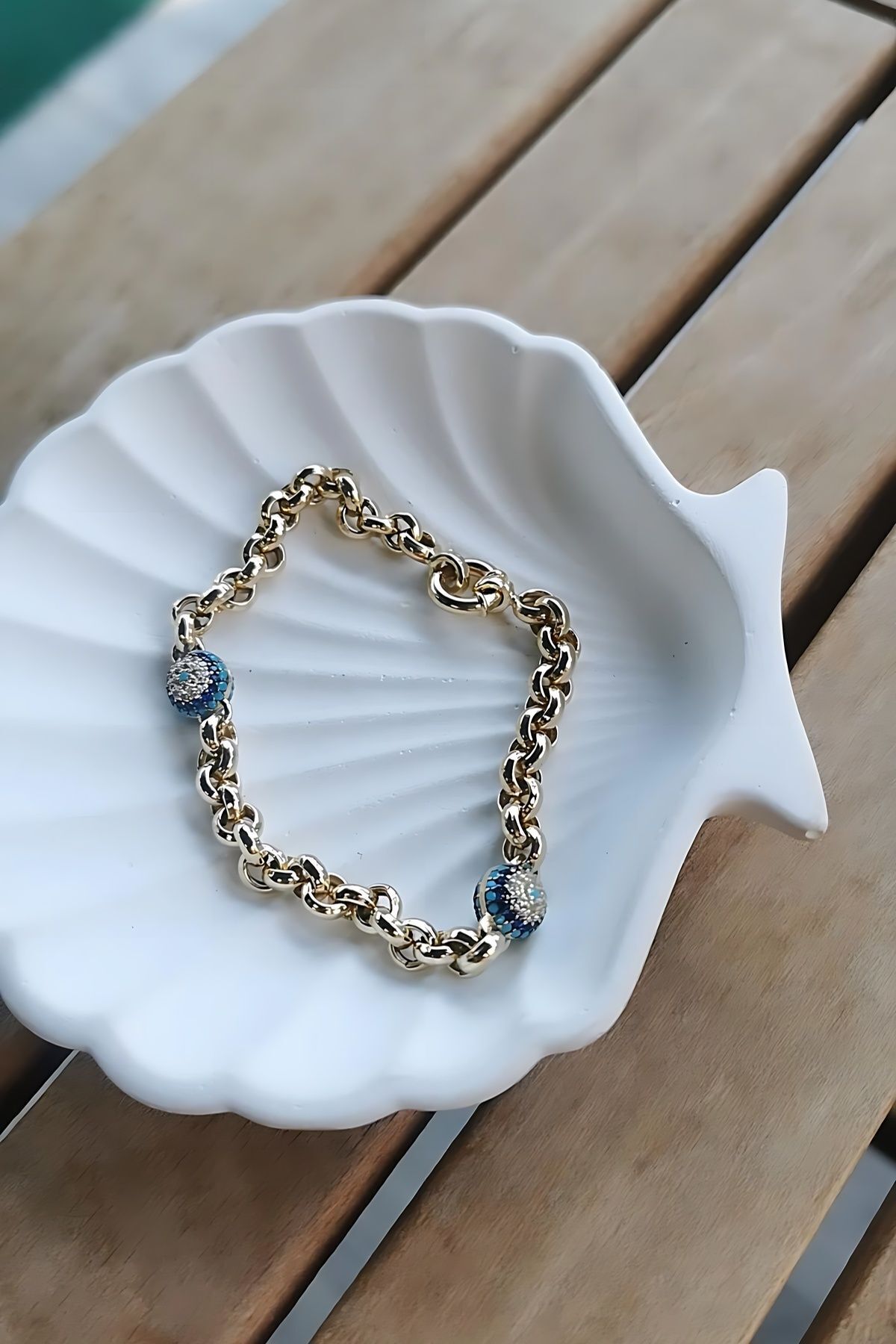 14 AYAR DOC ZİNCİRLİ NAZAR BONCUKLU ALTIN BİLEKLİK