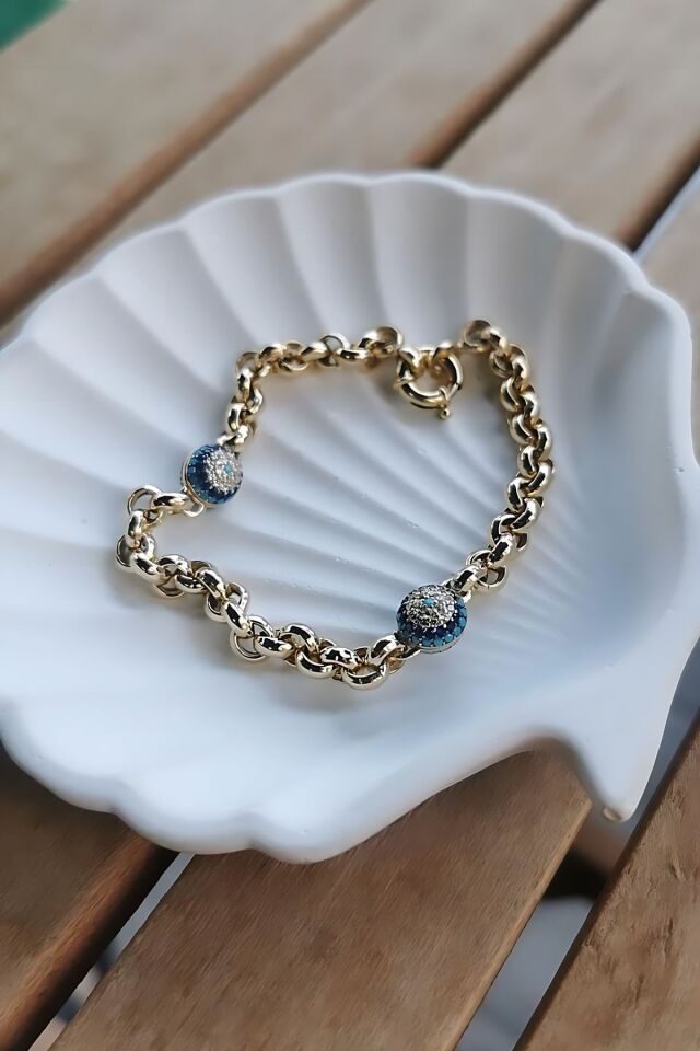 14 AYAR DOC ZİNCİRLİ NAZAR BONCUKLU ALTIN BİLEKLİK