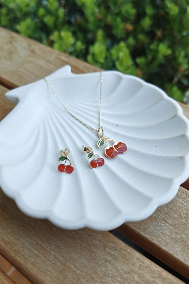 14 AYAR İTALYAN MİNELİ KİRAZ KÜPE VE KOLYE