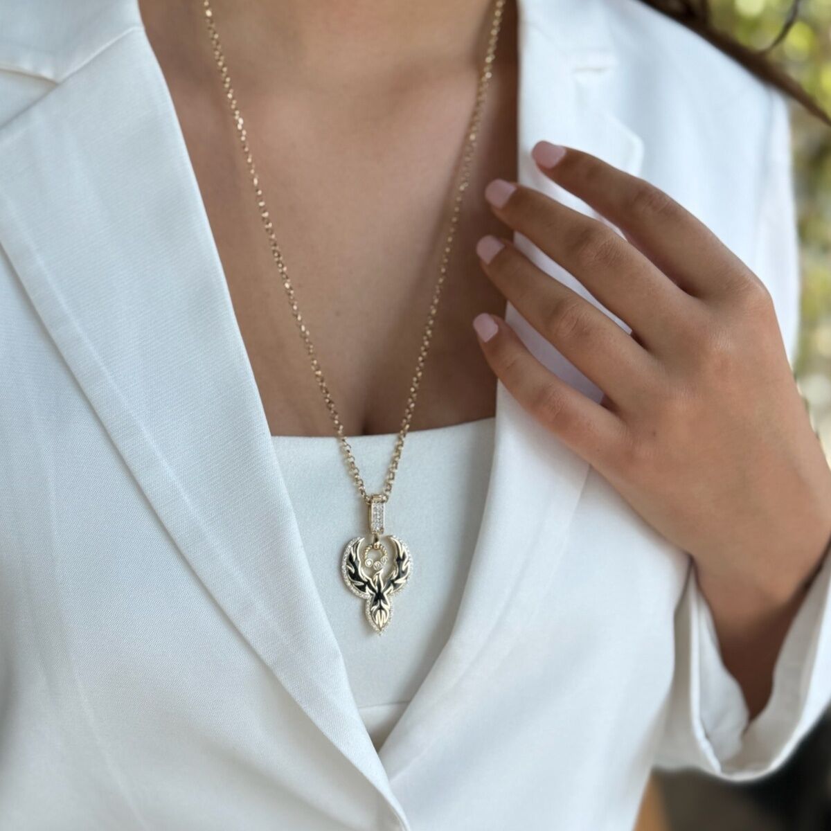 14 AYAR SİYAH MİNELİ ANKA KUŞU UÇLU ALTIN KOLYE