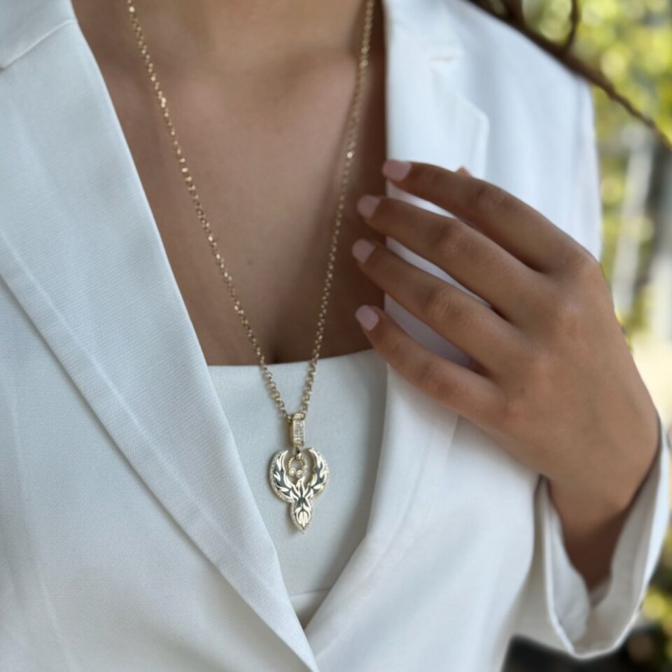 14 AYAR SİYAH MİNELİ ANKA KUŞU UÇLU ALTIN KOLYE