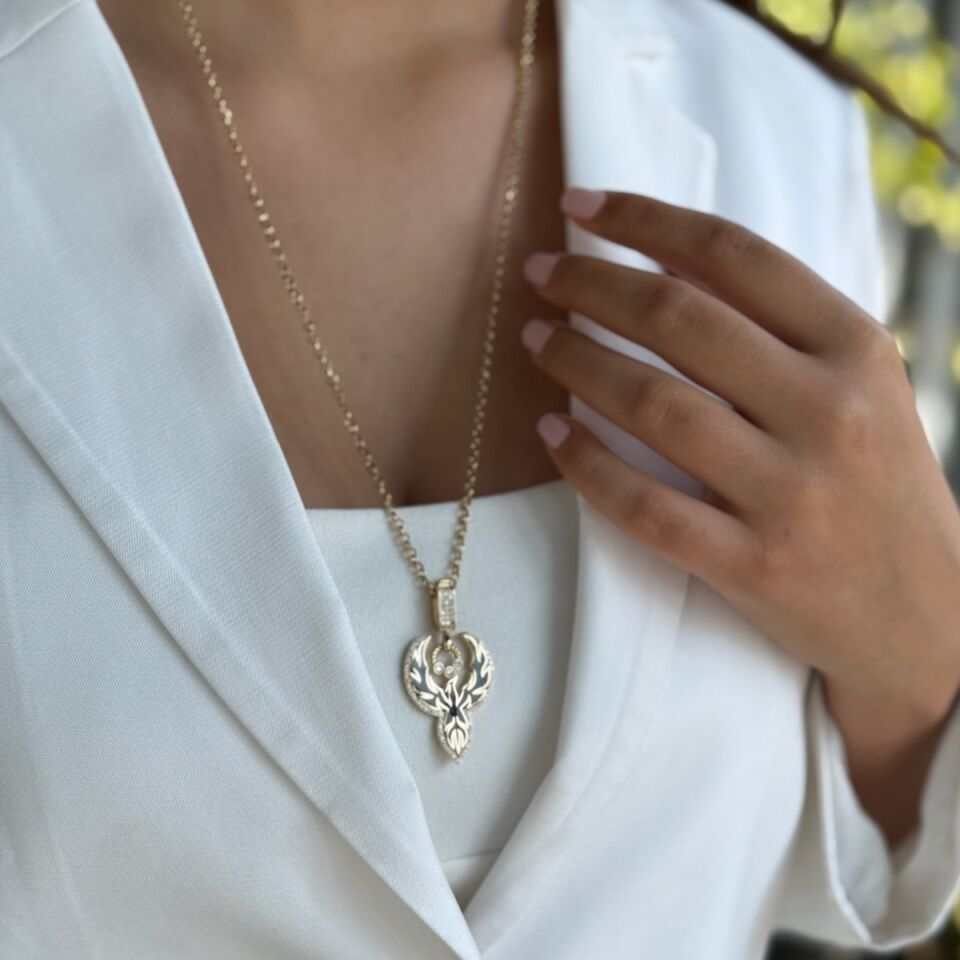 14 AYAR SİYAH MİNELİ ANKA KUŞU UÇLU ALTIN KOLYE