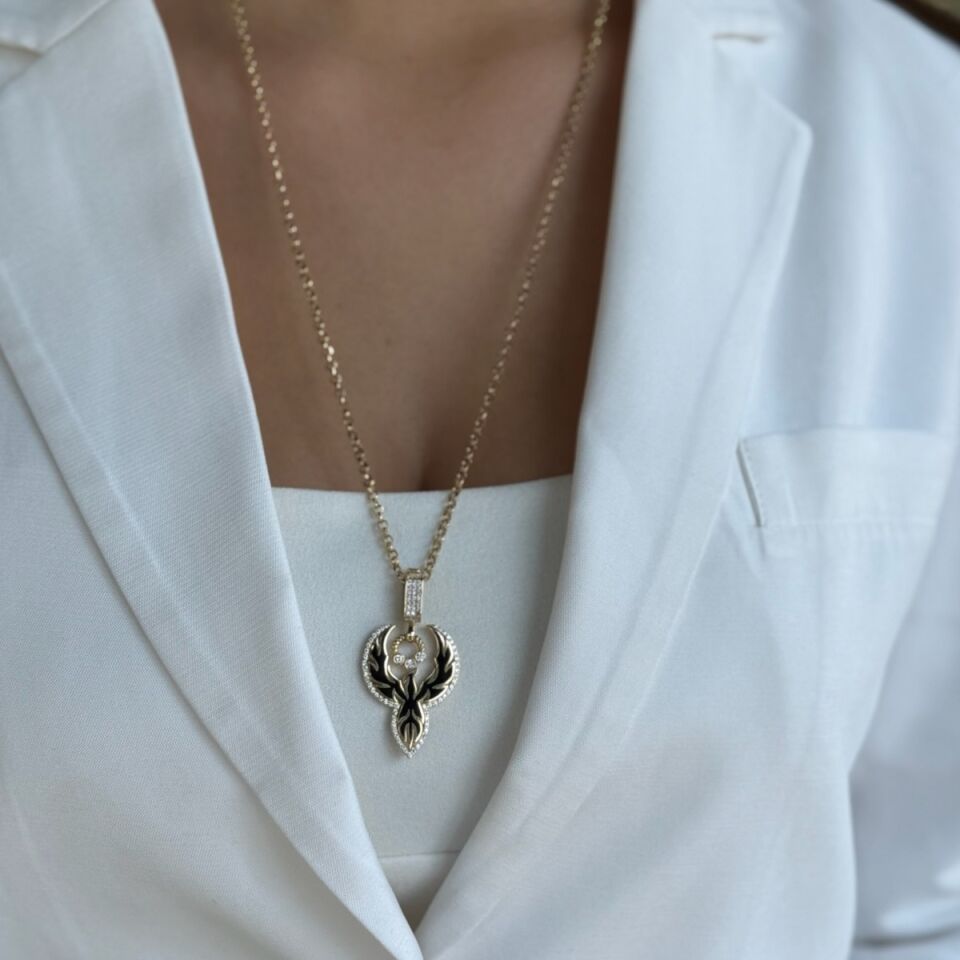 14 AYAR SİYAH MİNELİ ANKA KUŞU UÇLU ALTIN KOLYE