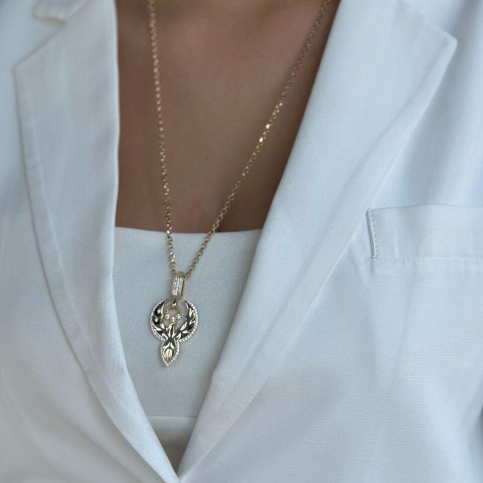 14 AYAR SİYAH MİNELİ ANKA KUŞU UÇLU ALTIN KOLYE