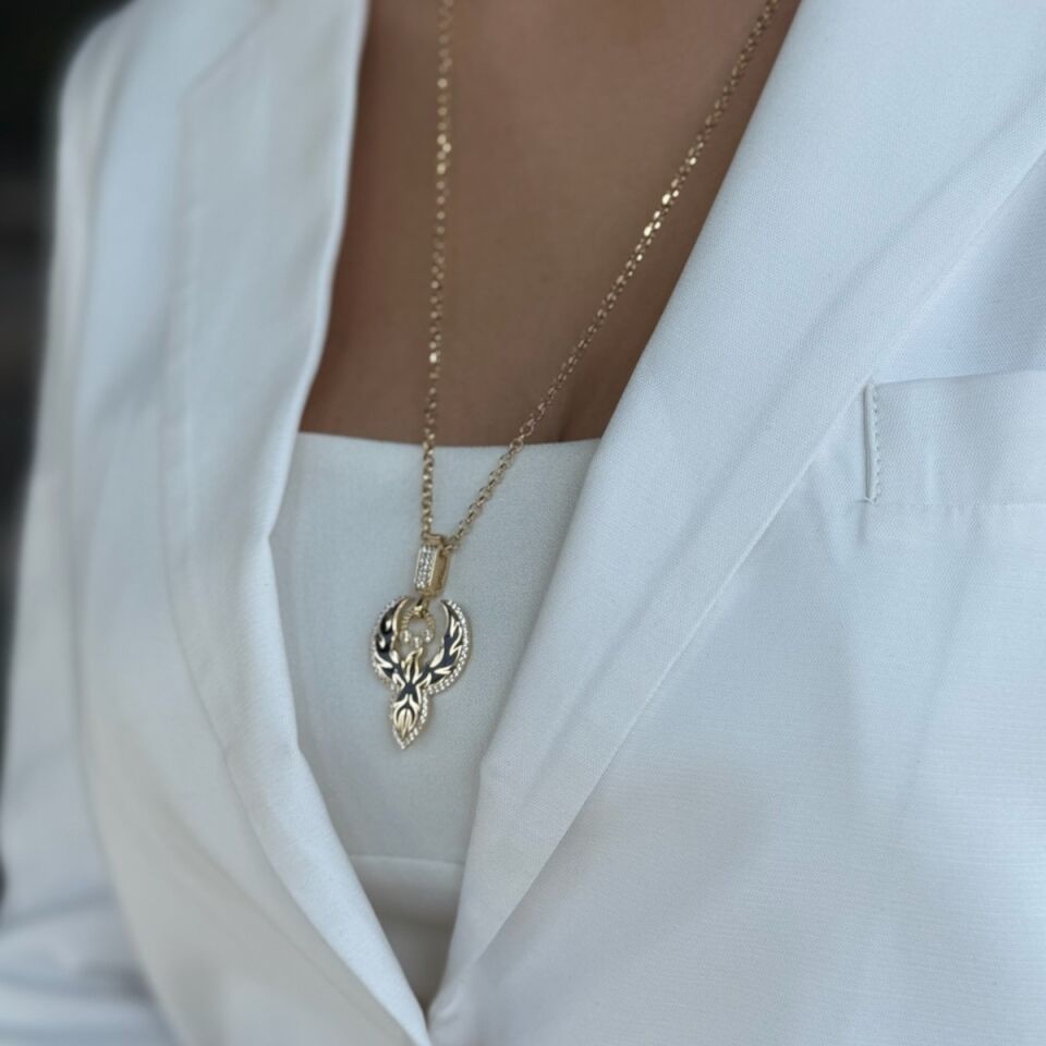 14 AYAR SİYAH MİNELİ ANKA KUŞU UÇLU ALTIN KOLYE