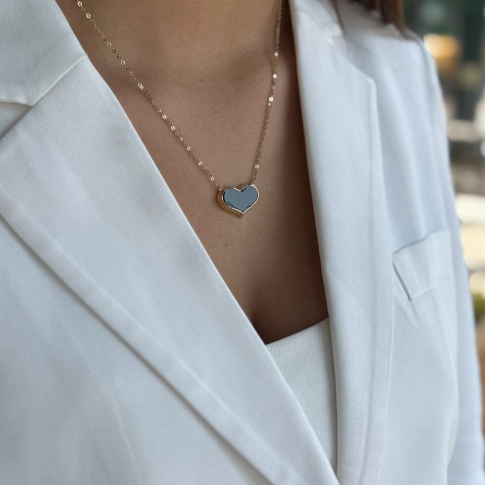 14 AYAR ÖZEL TASARIM SİYAH MİNELİ KALP ALTIN KOLYE