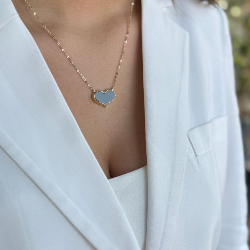 14 AYAR ÖZEL TASARIM SİYAH MİNELİ KALP ALTIN KOLYE