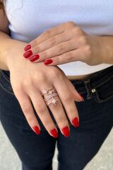 925 AYAR ROSE RENGİ ÖZEL TASARIM KUTUPYILDIZLI GÜMÜŞ YÜZÜK 18